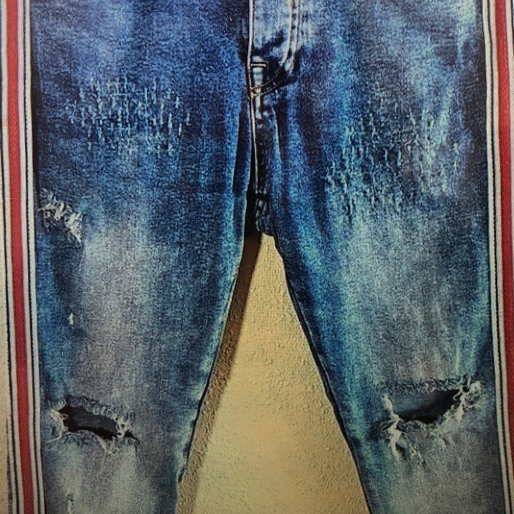 Stylish Blue Distressed Jeans with Red Stripe - Picture 2 of 3
